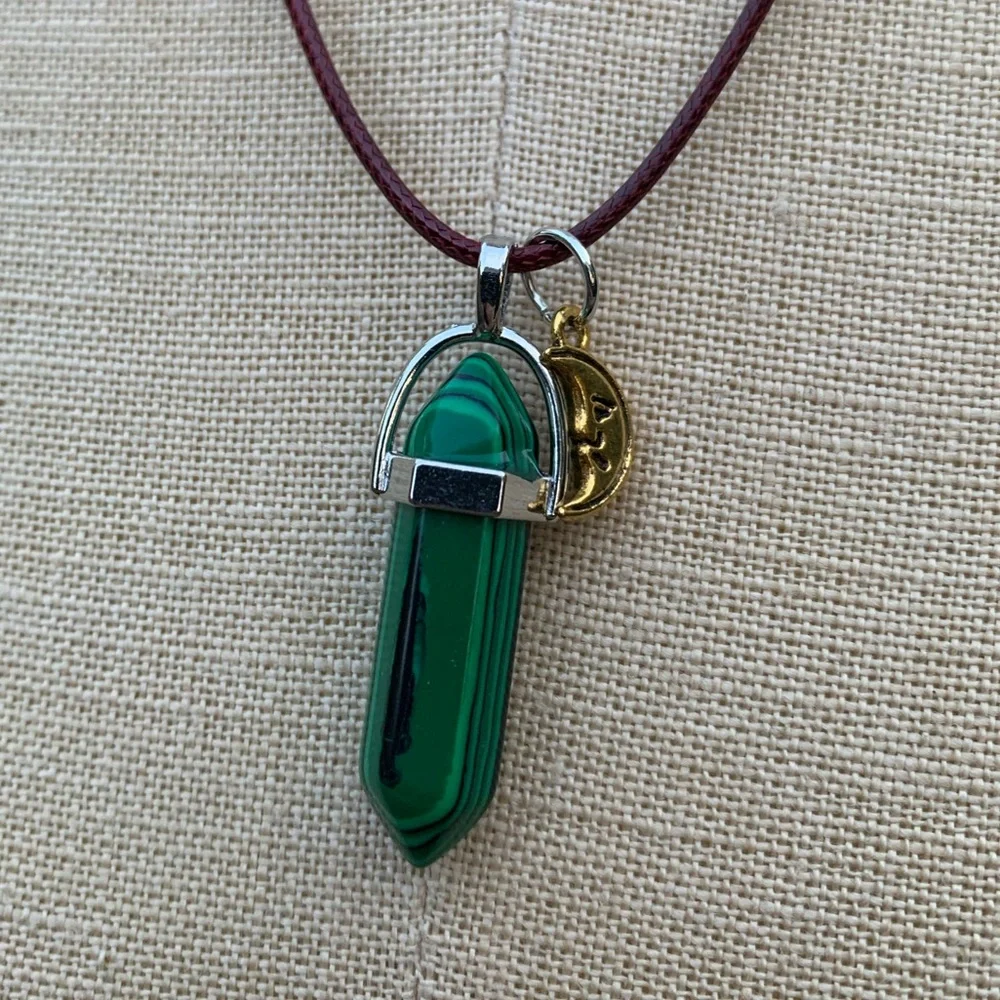 Handmade Malachite Dagger Tower Amulet with Moon Charm_3